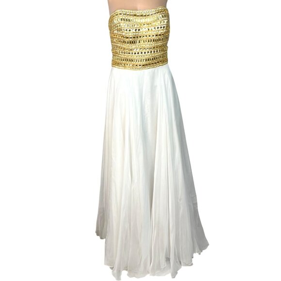 Sherri Hill White Strapless Formal Gown Gold Embellished Bodice Size 8 - Picture 5 of 8